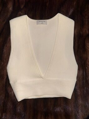 Aritzia Babaton Ivory Ribbed V-Neck Crop Top